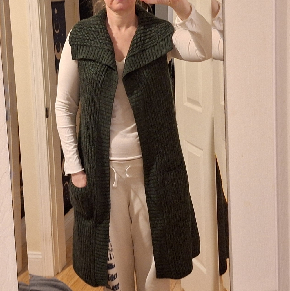 prAna | Thalia Long Open Front Sweater Green Chunky Knitted Duster Vest